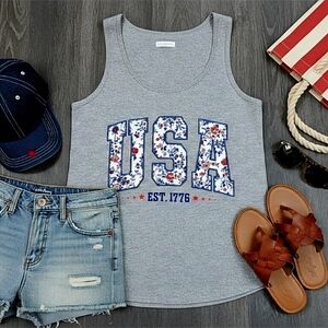 USA Floral 1776 Tank Top • Patriotic Red White Blue Sleeveless Shirt • Americana